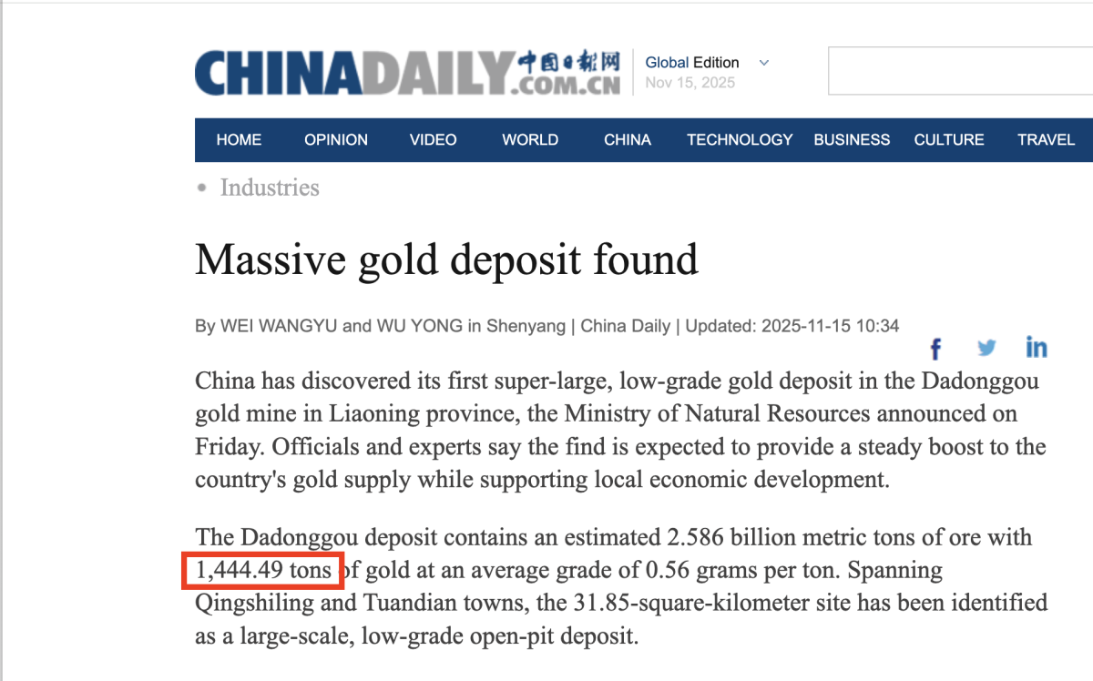 الصين لم تعلن اكتشاف أكثر من 2 مليار طن من الذهب